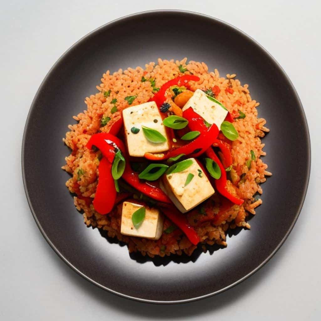 Tofu con peperoni arrostiti e riso rosso